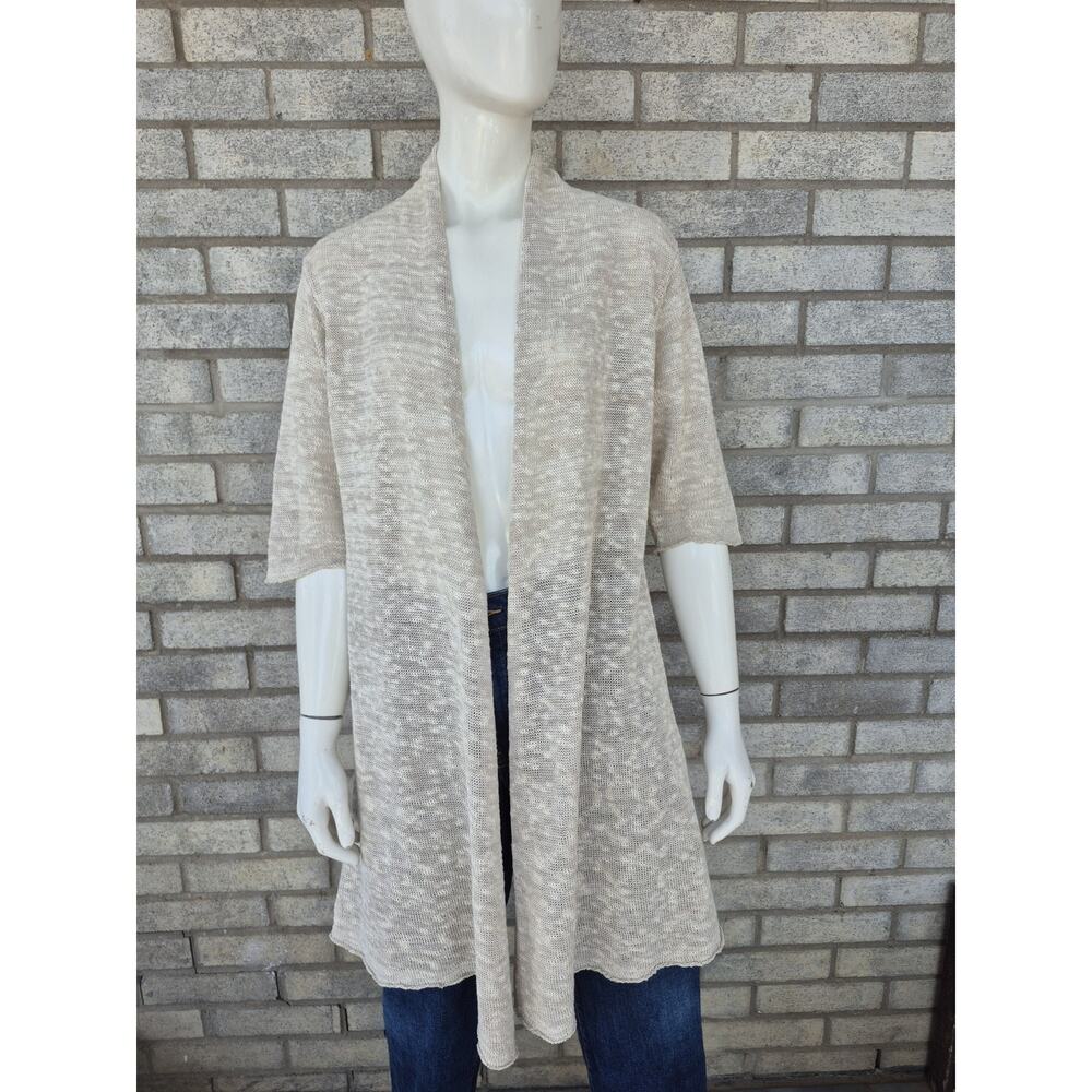 Eileen Fisher Linen Blend Duster Long Cardigan L Beige Oatmeal 3/4 Sleeve